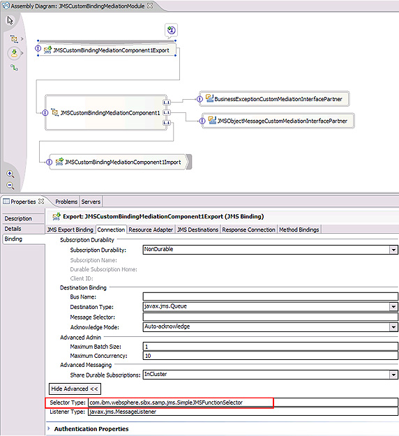 圖 1. 在 WebSphere Integration Developer 中對函數選擇器進行設置
